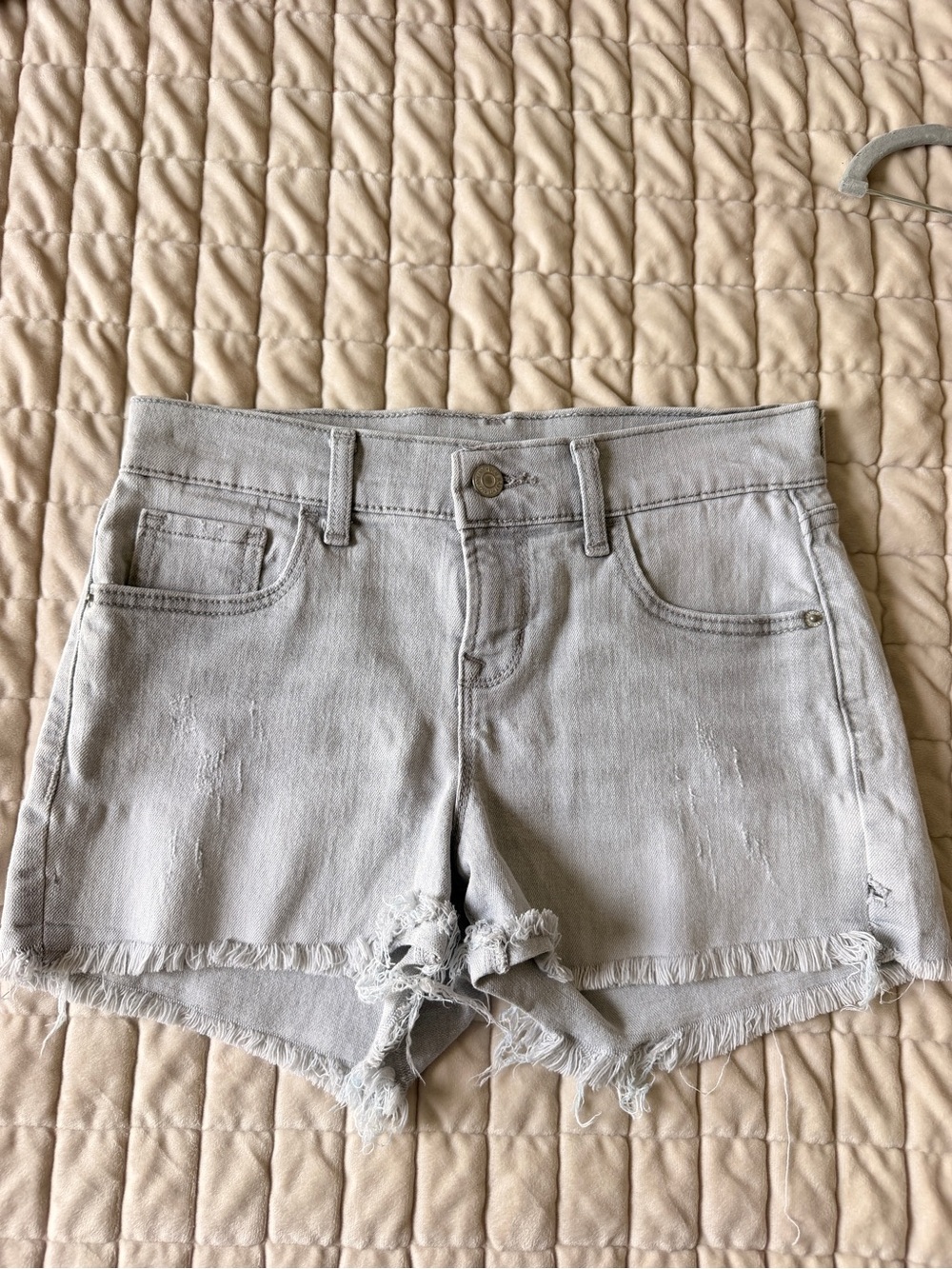 High-Waist Light Gray Denim Shorts with Frayed Hem